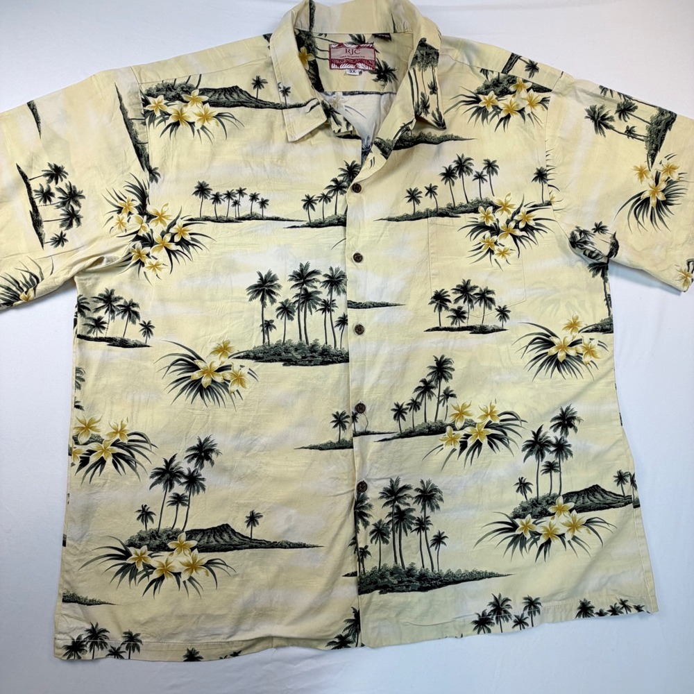 RJC Hawaiian Shirt Mens 3X Yellow Palm Tree Floral Button Down Aloha Shirt